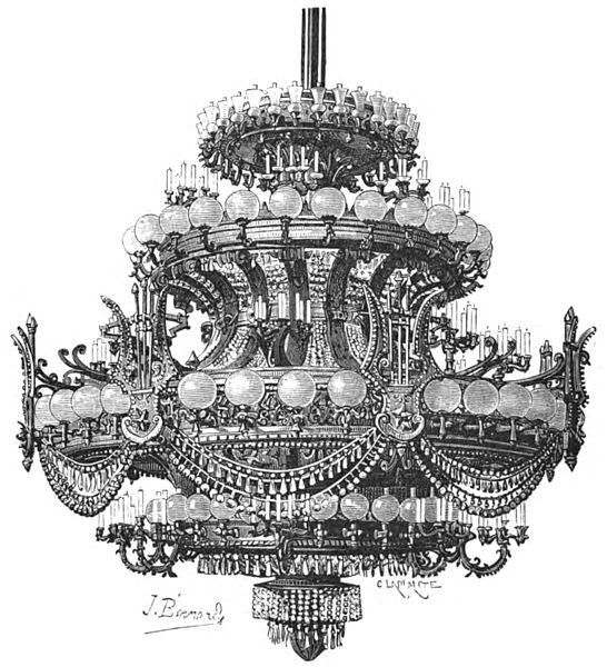 Engraving of the main auditorium chandelier of the Paris Opera's Palais Garnier.